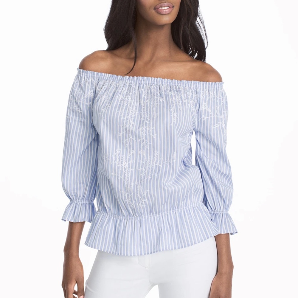 White House Black Market Off-The-Shoulder Embroidered Stripe Cotton Top, Size XS